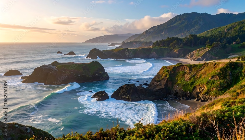 Obraz premium A coastal vista displays ocean waves crashing against rocky outcrops and a sandy cove nestled amidst lush green hills and mountains under a partly cloudy sky, illuminated by soft sunlight