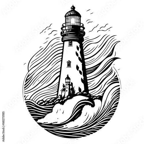Seascape sentinel: A vector illustration of a resilient lighthouse amidst swirling ocean waves and