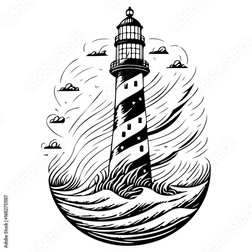 Seascape Illustration with a Striking Lighthouse Overlooking Turbulent Waters and Cloud Accents