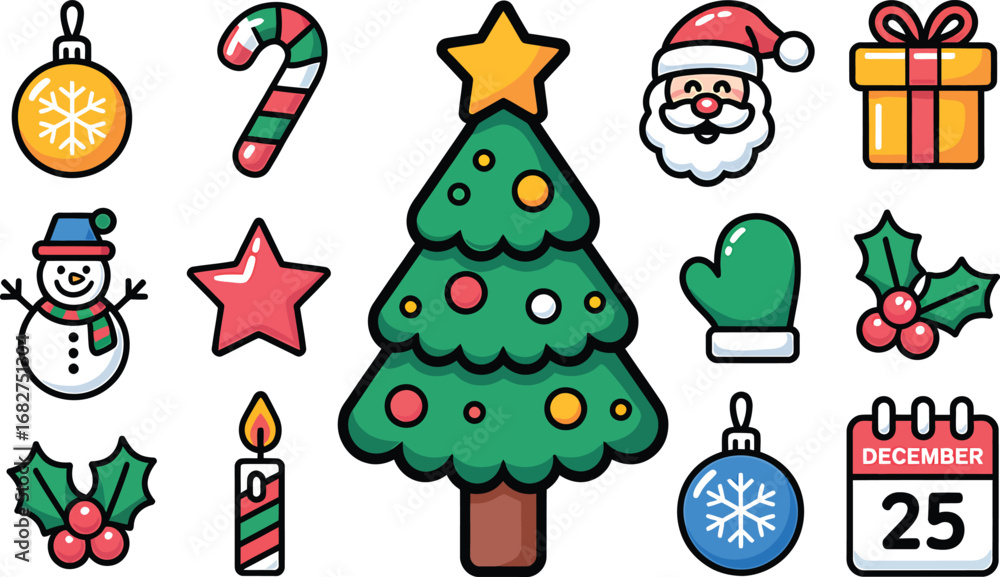 Fototapeta premium Festive Holiday Cheer A Collection of Christmas Symbols Including Snowflakes, Candy Canes, and a Vibrant Christmas Tree
