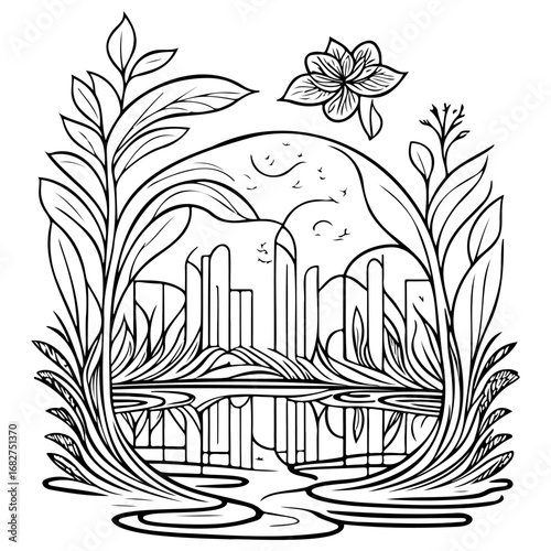 Serene cityscape reflected on water framed by flourishing nature creating harmonious juxtaposition