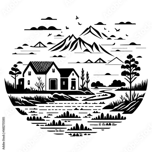 Serene countryside homescape with mountain range backdrop providing tranquil retreat illustration