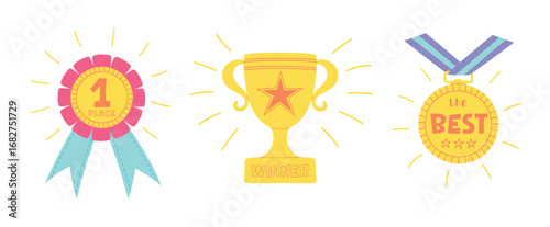 Set of winner's trophies: broch medal to pin, winner's cup, gold medal with ribbon. Vector illustration of winner awards for the 1st place