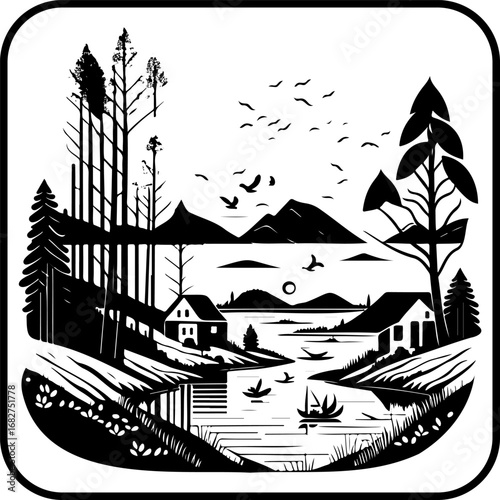 Serene lakeside landscape depicting homes nestled amid trees and mountains on a tranquil body of