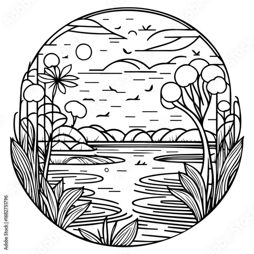 Serene lakeside landscape illustration displaying peaceful natural ambiance with lush vegetation