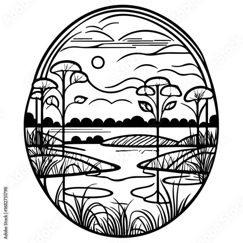 Serene lakeside landscape encapsulated in an oval frame with nature elements in a minimalist art