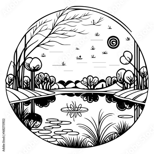 Serene lakeside landscape illustration with botanical elements reflecting on tranquil waters in