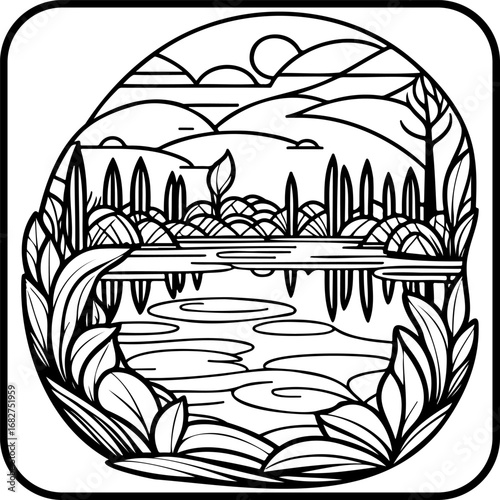 Serene lakeside landscape illustration with stylized vegetation reflections and mountainous