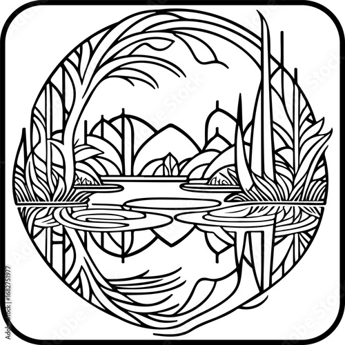 Serene lakeside landscape with stylized vegetation reflecting on water within circular frame