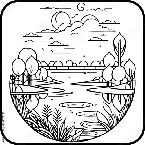 Serene lakeside reflection a minimalist nature illustration showcasing tranquility and peace with