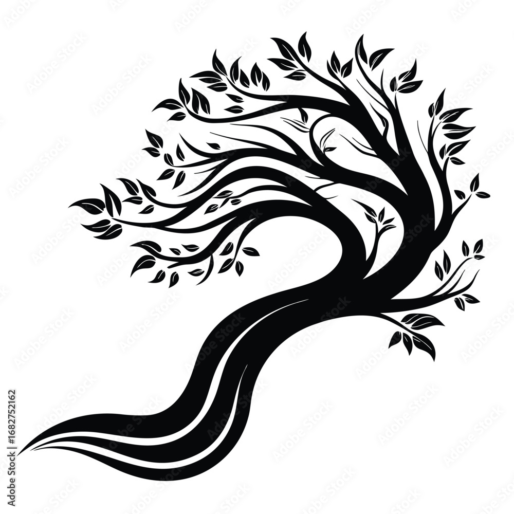 Obraz premium Black silhouette tree with leaves features curved trunk and branches on white