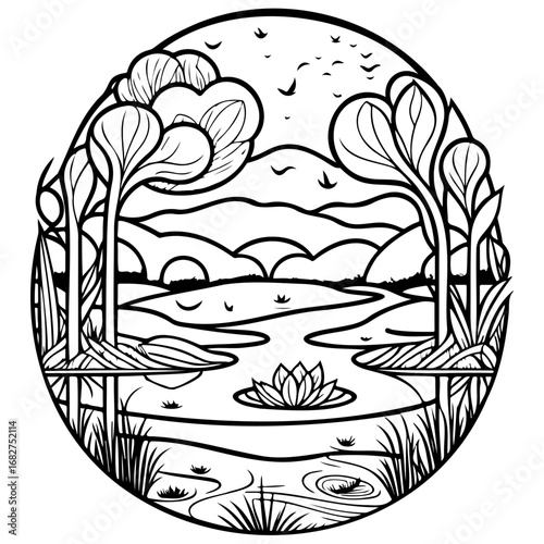 Serene lakeside scenery with stylized trees mountains and birds in flight in an oval design nature