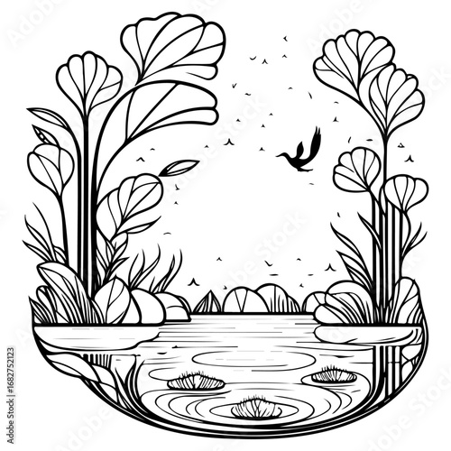 Serene lakeside view with flora and fauna in minimalist black and white illustration style