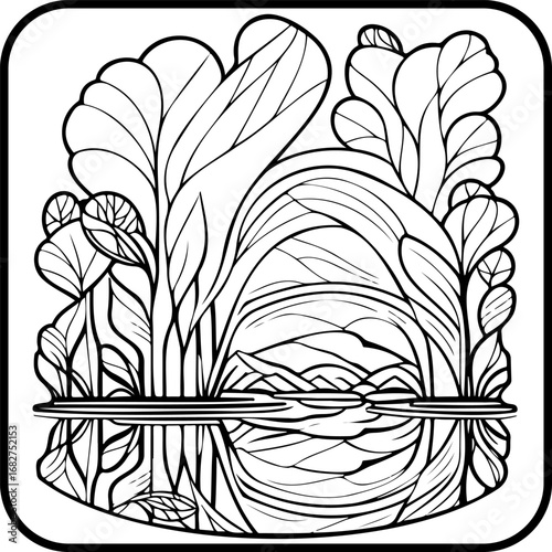 Serene landscape illustration showcasing stylized flora reflecting in tranquil waters with distant