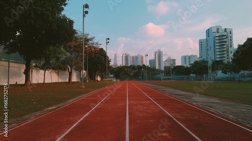 Red athletic track leading towards city skyline under a clear blue sky with scattered clouds