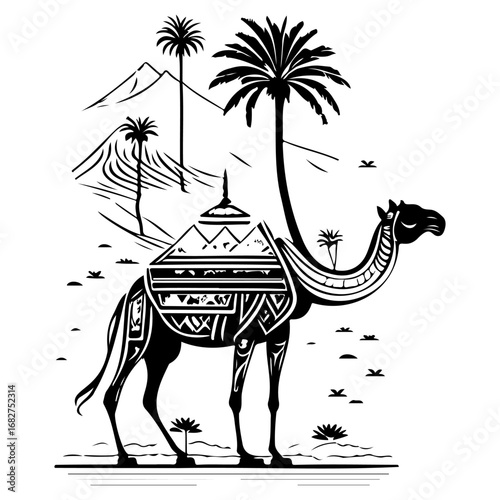 Serene monochrome depiction of a camel amidst desert flora, mountains, and geometrical patterns