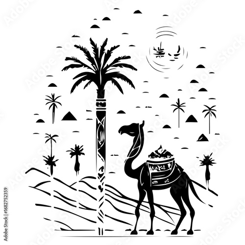 Serene monochrome desert silhouette showcasing a camel and palm trees under a stylized sunlit sky