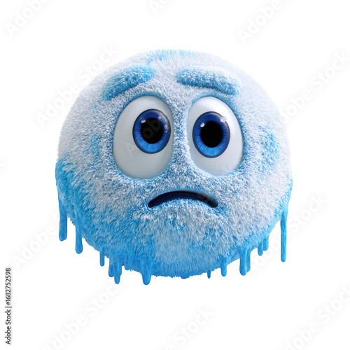Sad melting blue furry emoji ball winter cold icy