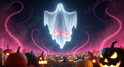 Fototapeta Naklejka Na Ścianę i Meble -  Spooky halloween night with ghost and pumpkins in a magical landscape