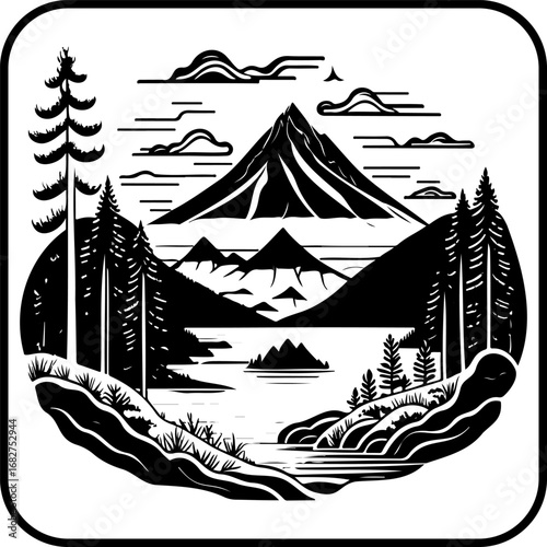 Serene mountain lake scene evoking peacefulness through black and white nature illustration