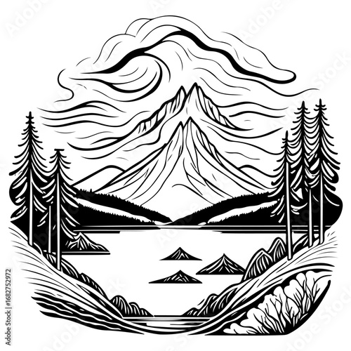 Serene mountain lake vista encircled by tall evergreen trees and swirling cloudscape creating an