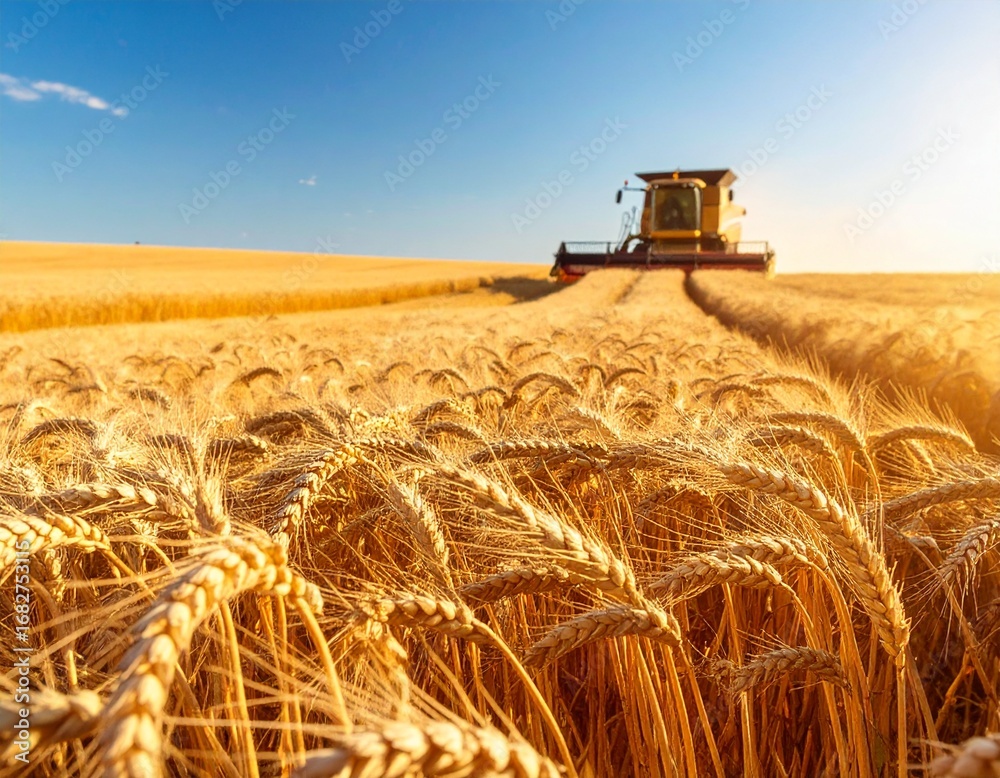Fototapeta premium Fields of Gold: A Realistic Glimpse of Wheat Harvest Under a Clear Blue Sky