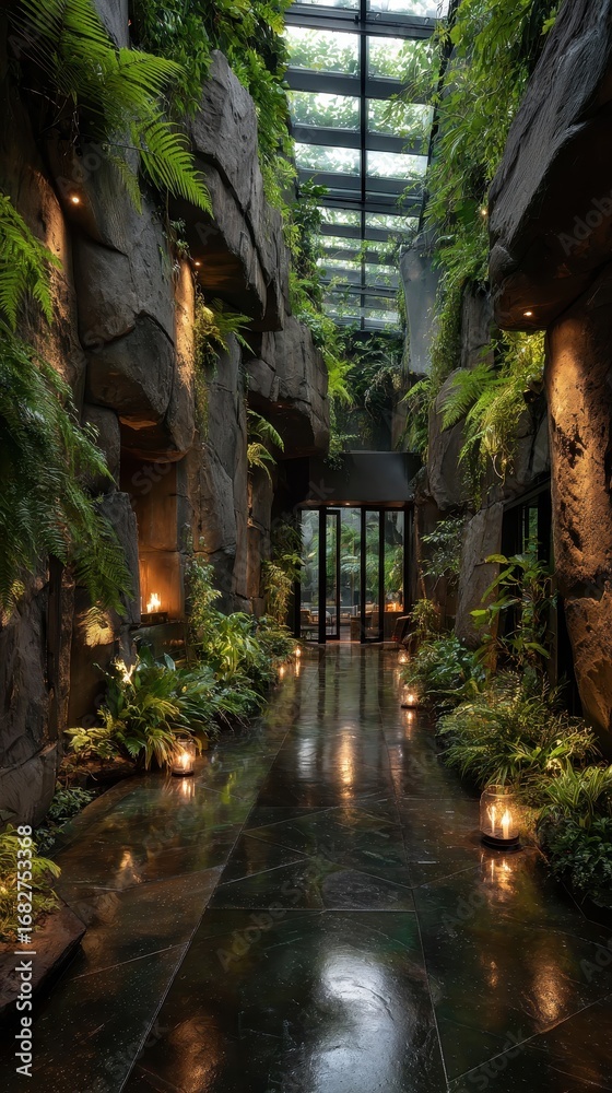 Obraz premium Luxurious indoor garden pathway lush greenery rock walls glowing lights