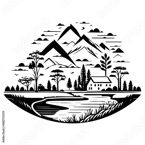 Serene mountain landscape illustration showcases a tranquil river house and natural beauty with