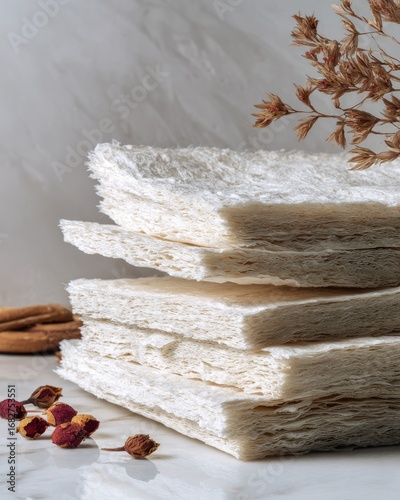 Stacked sheets of delicate white paper, slightly textured, resting on a marble surface.  Dried flowers and small, dried fruit add a touch of natural detail