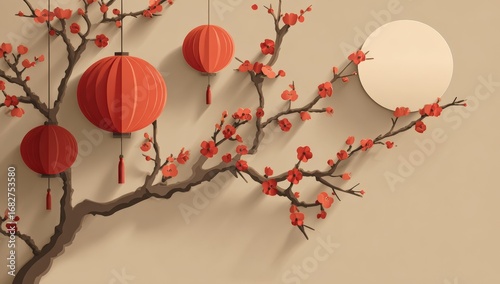 A stylized, Asian-inspired image with hanging lanterns and blossoms
