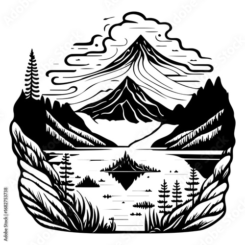 Serene Mountainscape Black and White Illustration Featuring a Tranquil Lake with a Stunning Peak