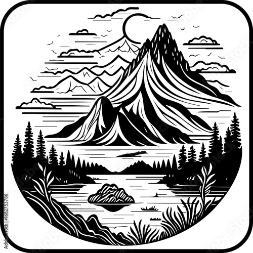 Serene mountainscape illustration with layered peaks forest lake and sky in monochrome design with