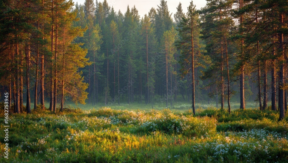 Fototapeta premium Misty forest clearing at dawn