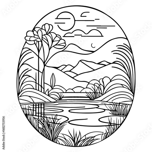 Serene natural scenery encapsulated in an oval design showcasing mountains water plants sky moon