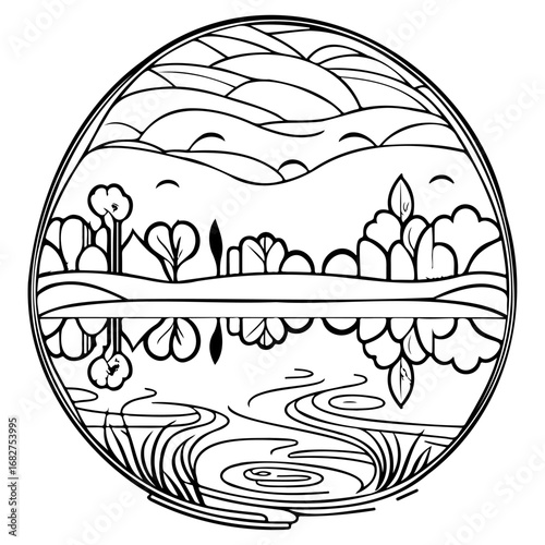 Serene nature reflection, artistic illustration depicting landscape view of lake, trees and hills