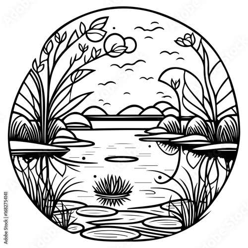 Serene pond illustration showcases a tranquil environment and the beauty of nature for relaxing