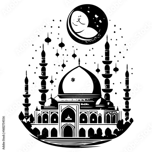 Serene vector illustration featuring a mosque under a crescent moon amidst twinkling stars and