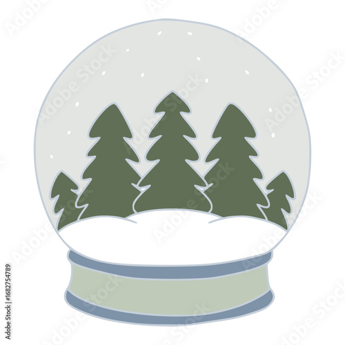 Christmas snow globe with falling snow and pine trees