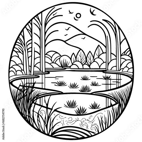Serene waterscape depiction amidst lush vegetation and distant hills in a circular frame offering