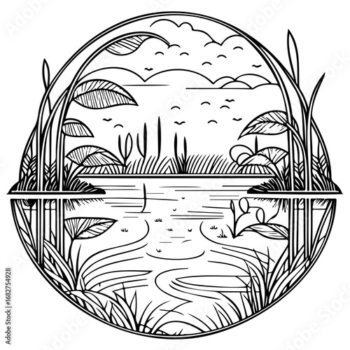 Serene waterscape illustration with detailed reeds and reflective surface capturing the essence of