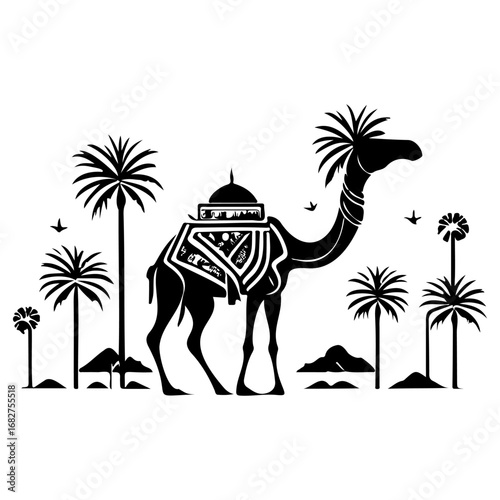 Silhouette camel amid palm trees evoking desert travel and cultural symbolism with minimalist