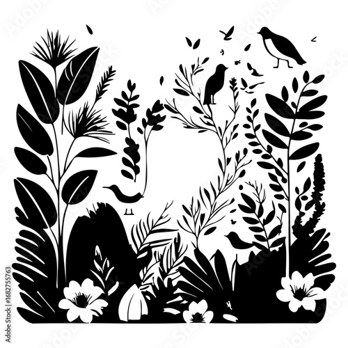 Silhouette garden tranquility birds amidst tropical flora serene avian retreat nature's harmonious
