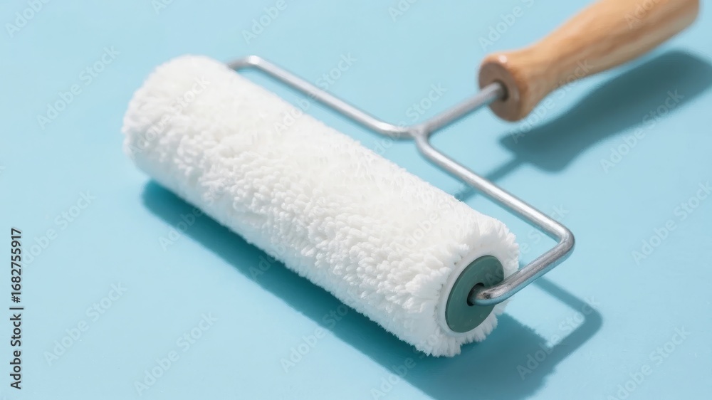 Fototapeta premium White Paint Roller with Wooden Handle on Blue Background