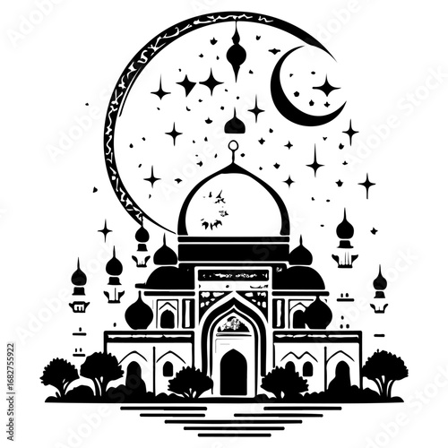 Silhouette islamic architecture with crescent moon and stars a harmonious blend of spirituality