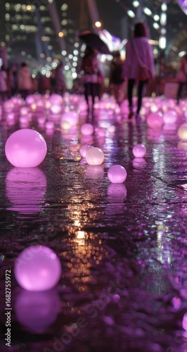 Nighttime urban scene, illuminated spheres