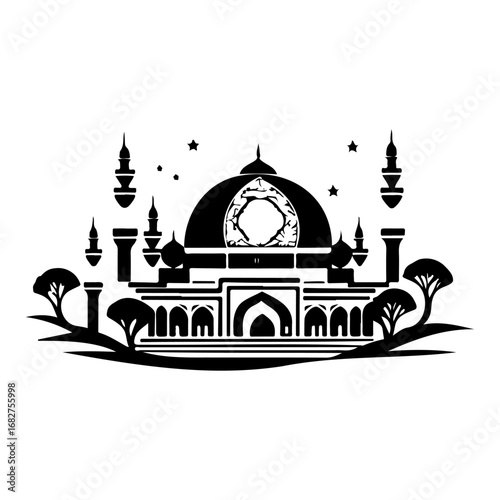 Silhouette of a mosque stands tall under starry skies reflecting cultural history and