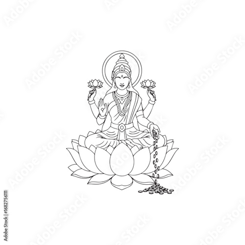 Line drawing depicting the Hindu goddess Lakshmi seated on a lotus flower, holding lotus blossoms.