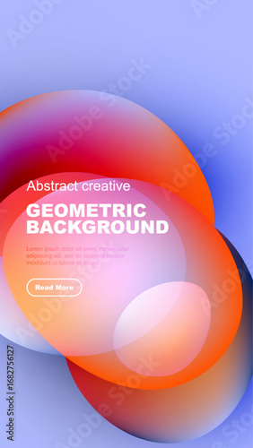 Abstract design features overlapping colorful circles. Gradient background transitions from purple to black. Text promotes geometric visuals.