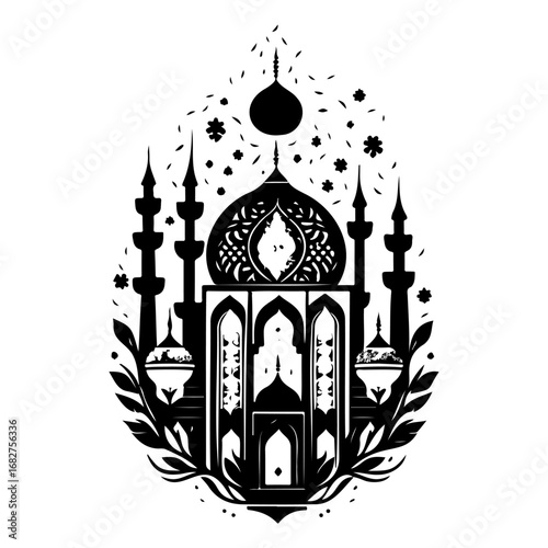 Silhouette of an ornate mosque architecture blending traditional design elements and botanical
