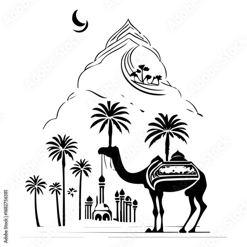 Silhouette of camel and palms evokes a mystical Middle Eastern landscape illustration that is